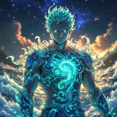 The primary subject of the image is a man with blue hair, wearing a blue and white outfit. He is standing in front of a backdrop of a cloudy sky. The visual style of the image is digital art, with the man's hair and outfit being depicted in a detailed and vibrant manner. The colors and mood of the image are predominantly blue, creating a sense of calmness and tranquility.